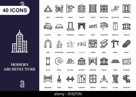 A collection of forty line art icons representing modern architecture and building construction elements. Stock Vector
