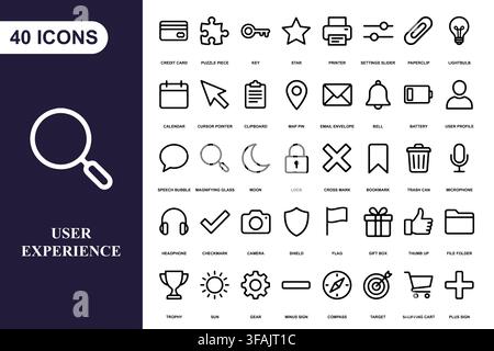 A collection of forty essential outline icons for web and mobile user interface design projects. Stock Vector