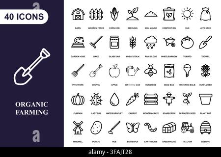A collection of forty line art icons representing organic farming, gardening, and agricultural tools. Stock Vector