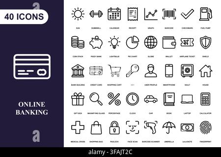 A comprehensive collection of forty professional line art icons for banking, finance, and digital commerce projects. Stock Vector
