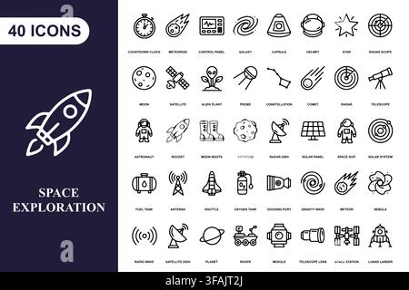 A comprehensive collection of 40 linear space exploration icons featuring rockets, planets, and astronaut gear. Stock Vector