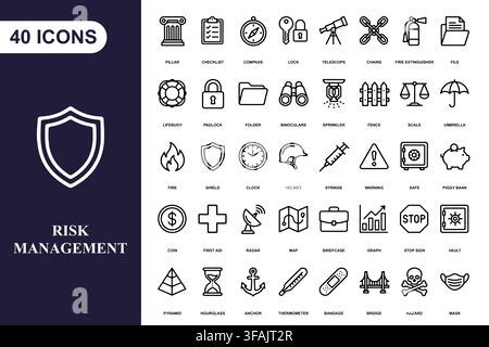 A collection of forty line art icons representing risk management, security, and safety concepts for business design. Stock Vector