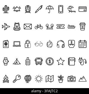 A comprehensive collection of travel and tourism line art icons for web and mobile design projects. Stock Vector
