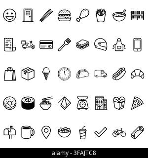 A collection of line art icons representing food delivery, restaurant services, and fast food items. Stock Vector