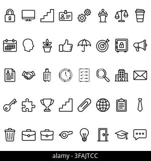 A comprehensive collection of professional business and office line art icons for corporate design projects. Stock Vector