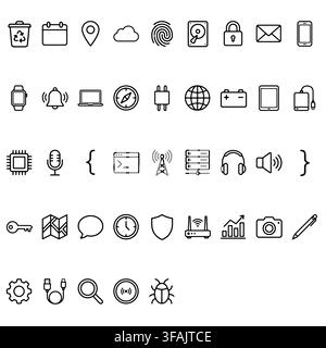 A comprehensive collection of outline technology and web development icons for digital interface design. Stock Vector