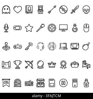 A collection of outline icons featuring gaming equipment, fantasy items, and digital entertainment symbols. Stock Vector