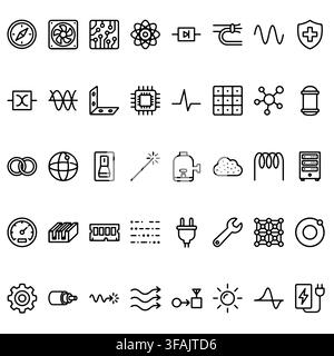 A collection of black and white line art icons representing electronic components, engineering, and technology. Stock Vector
