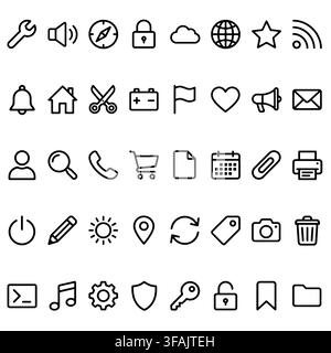 A comprehensive collection of outline interface icons for web design and mobile applications. Stock Vector