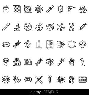 A comprehensive collection of line art icons representing laboratory research, genetics, and medical technology. Stock Vector