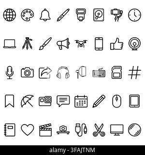 A collection of thin line icons featuring digital devices, creative tools, and media equipment for web design. Stock Vector
