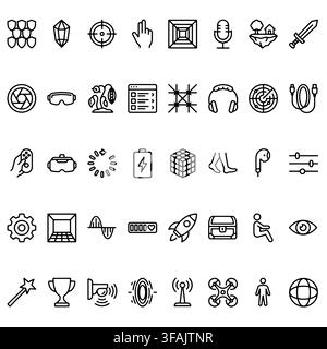 A collection of black and white line art icons representing gaming, technology, and digital interface elements. Stock Vector