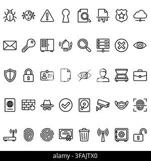 A comprehensive collection of line art icons representing cyber security, data protection, and digital privacy. Stock Vector