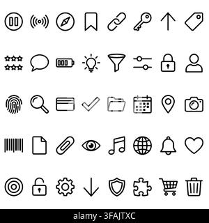 A collection of essential outline interface icons for web design, mobile apps, and digital user interface projects. Stock Vector