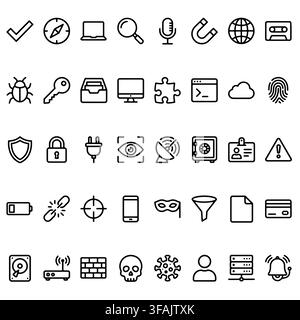 A collection of outline icons representing cyber security, network technology, and digital data protection concepts. Stock Vector