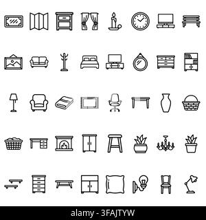 A collection of outline icons representing various home furniture and interior decor items for design projects. Stock Vector