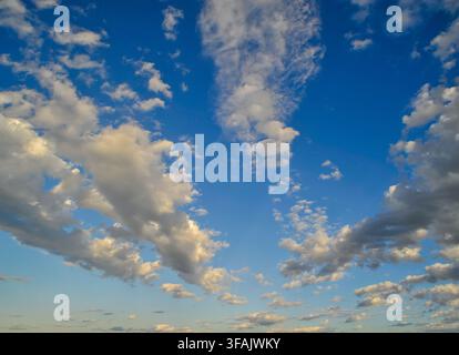 Scenic view of a vibrant blue sky filled with scattered white cumulus clouds, gently illuminated by the golden light of the setting sun near the horiz Stock Photo