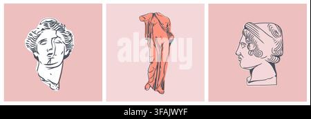 Ancient Greek and Roman Sculpture Set, Classical Antique Statues and Busts, Goddess and Historical Figure Line Art, Museum Aesthetic, Antiquity Stock Vector