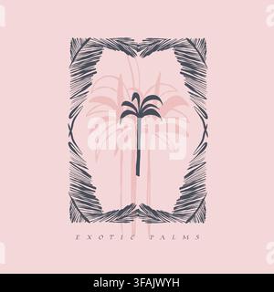 Tropical Palm Tree in Hand Drawn Frame, Exotic Botanical Line Art, Summer Paradise, Minimal Jungle Nature, Boho Resort Decor, Travel Poster and Stock Vector