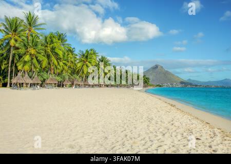 Tropical Beach with Le Morne Brabant Mountain in Mauritius Stock Photo