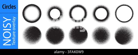 Noisy pointy gradient with round grain spray and abstract patterned brush ring. Vector bg effect of painted shadow texture, radial black sand. Grading Stock Vector