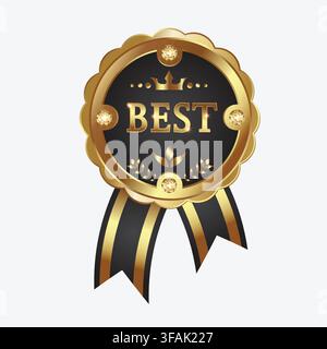 Golden luxury award badge with black center, bold text BEST, elegant crown, shiny diamond accents, and hanging black-gold ribbon. Vector illustration. Stock Vector