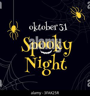 Square yellow and black Halloween party invitation with spooky night text on cobweb background with spiders. Vector card design. Stock Vector