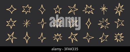 Hand drawn star and sparkle doodle set. Golden outline burst, twinkle and shining star shapes on dark background. Vector design elements for party Stock Vector