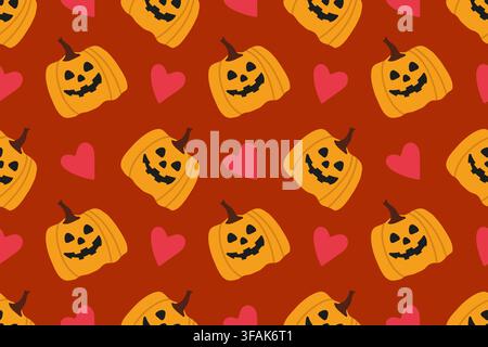 Seamless Pattern With Smiling Pumpkin Lamp. Pink Hearts And Pumpkin On Red Background. Repeating Tile With Glowing Jack O Lantern Stock Vector