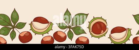 Autumn Chestnut and Leaves Seamless Border. Brown Nuts In Spiky Green Husks On Light Background. Botanical Horizontal Ribbon Frame for Seasonal Design Stock Vector