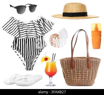 Beach items and refreshing cocktail isolated on white, set Stock Photo