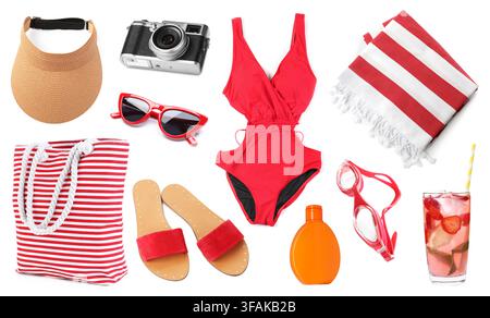 Beach items, refreshing cocktail and vintage camera isolated on white, set Stock Photo
