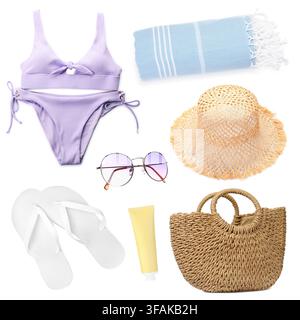 Set of different beach items isolated on white Stock Photo