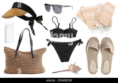 Different beach items isolated on white, set Stock Photo