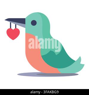 Cute turquoise and coral bird holding a small red heart dangling from its dark beak. Ideal for love letter messaging applications, wedding Stock Vector