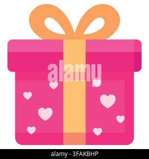 Pink gift package wrapped with a light orange ribbon tied in a bow and decorated with white heart patterns. Perfect for Valentine's Day promotions Stock Vector