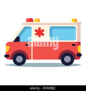 Red and white ambulance vehicle equipped with flashing emergency lights and a medical star emblem on the side panel. Ideal for hospital service Stock Vector
