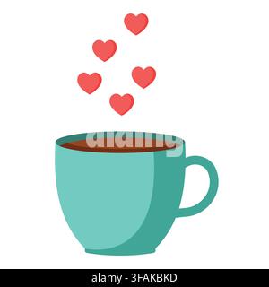 Warm teal mug filled with dark coffee or chocolate featuring small red hearts rising upward like steam. Excellent for cozy cafe branding Stock Vector