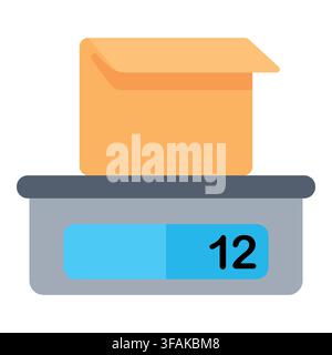 Brown cardboard package placed on a grey digital weighing scale displaying the number 12. Ideal for post office marketing, courier shipping Stock Vector