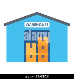 Blue commercial warehouse facility storing stacked cardboard cargo boxes inside its open entrance. Excellent for logistics platforms Stock Vector