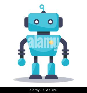 Cute blue robot figure featuring round eyes, chest button, and top head antenna standing calmly. Ideal for artificial intelligence technology platform Stock Vector