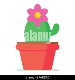 Charming potted green cactus featuring a large bright pink flower blooming at the top. Perfect for indoor plant decor blogs, desert nature graphics Stock Vector