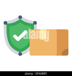 Brown delivery parcel placed next to a green protective shield marked with a white checkmark. Great for e-commerce package insurance guarantees Stock Vector