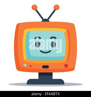 Vintage orange television set with a smiling friendly face displayed on its glowing screen and twin antennas on top. Great for childrens entertainment Stock Vector