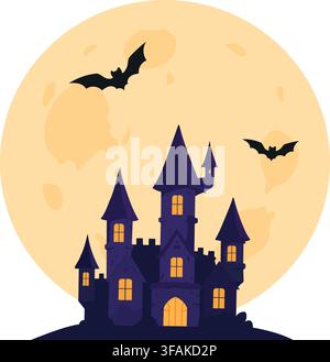Halloween Haunted Castle with Full Moon and Flying Bats Stock Vector