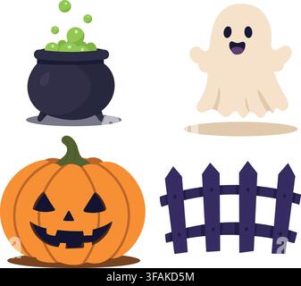 Halloween Set with Pumpkin, Ghost, Witch Cauldron and Fence Stock Vector