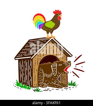 Beware of vicious dog. Morning in the village. The dog is barking in its kennel. Hand drawn. Not AI, vector illustration. Stock Vector