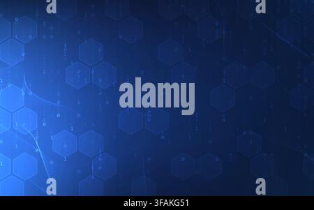 Technology abstract background. Blue digital waves with binary code. Hexagon shapes and glowing network lines. Futuristic design for cybersecurity Stock Vector