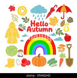 Set of autumn items . Hand drawn. Not AI, vector illustration. Stock Vector