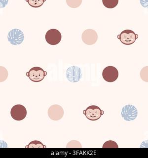 Seamless pattern with cute monkeys. Polka dot illustration for kids. Nursery print Stock Vector